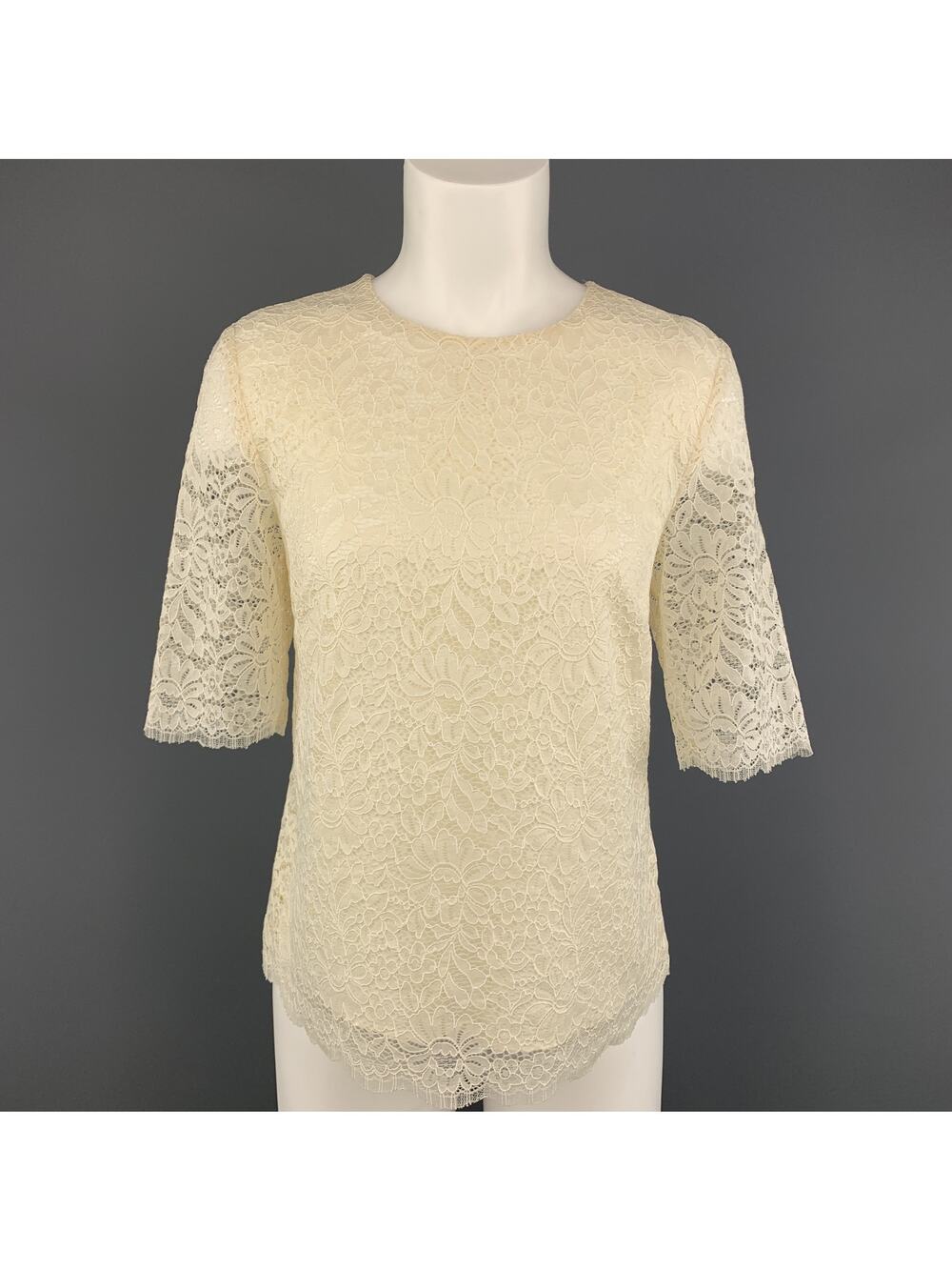 BARNEY'S NEW YORK Size 6 Cream Lace Short Sleeve  Blouse